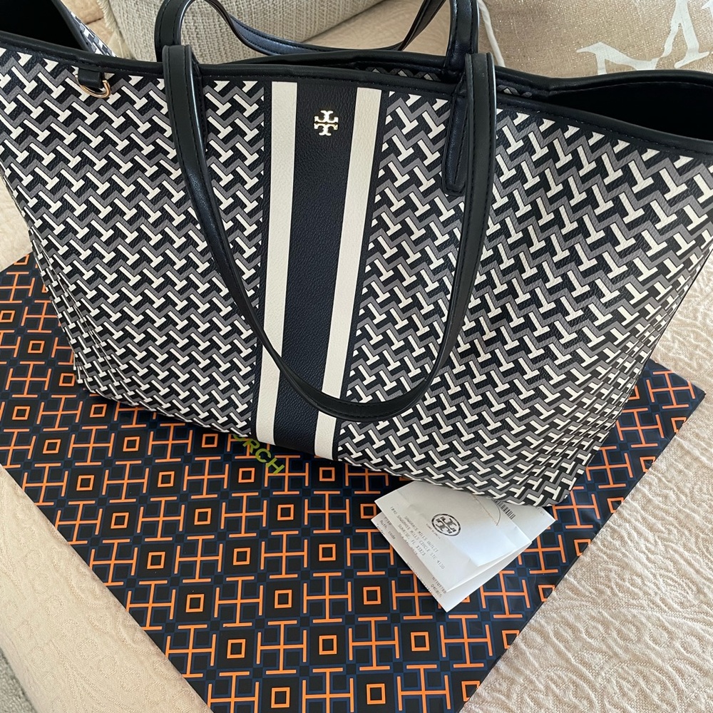 Tory Burch Black and White Patterned Quilted Tote